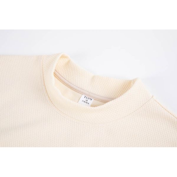 80% Cotton 20% Polyester Waffle Knit Long Sleeve Top in Beige for Casual Wear