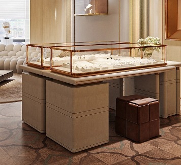 Square Glass Jewelry Display Cabinet with Rose Gold Trim & Leather Base Freestanding LED Lighting for Retail Stores