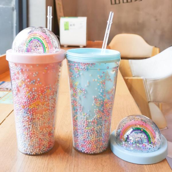 Creative Ice Cream Double Wall 550ml Plastic Cups With Straw Customized Color For Unisex
