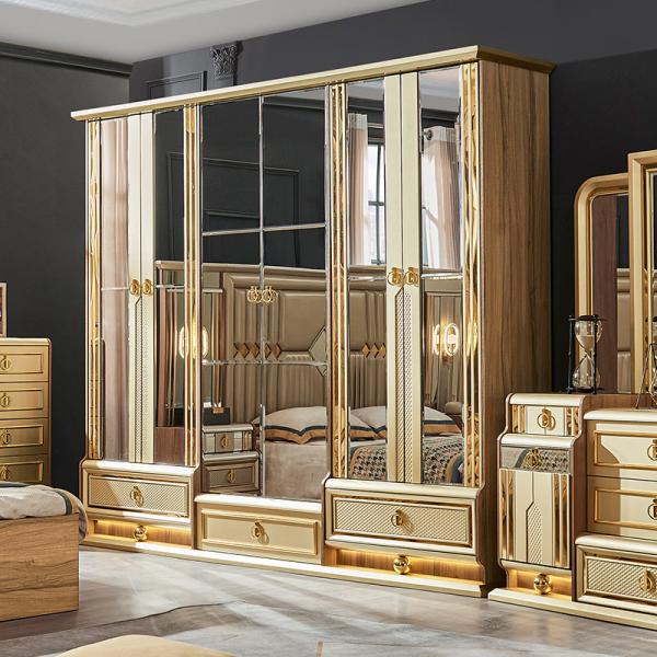 Wooden Modern Gold King Size Bed Double Master Room Villa Home Royal Full Queen Wood Luxury Bedroom Furniture Set