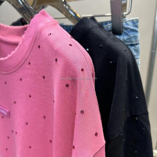 250Gsm Mens Rhinestone T Shirts Unisex Cotton T Shirt With Vintage Wash Oversized Fit In Pink Acid Wash