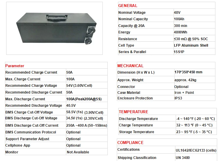 LiFePO4 Batterie au lithium industrielle 48V 100Ah Pour chariot élévateur électrique et énergie solaire