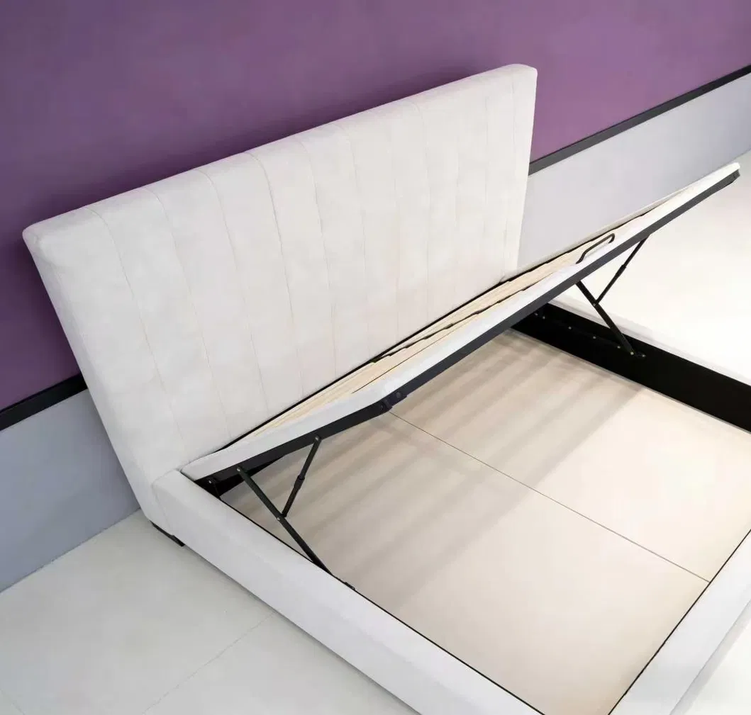 Tall Headboard Cream Upholstered Platform Bed with Under Bed Storage