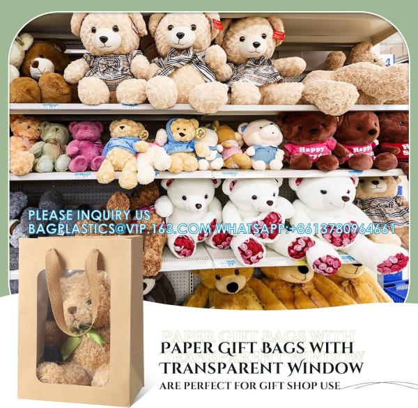 Kraft Shopping Bags With Handles For Present, Festivals Party Gift Bags With Transparent Window