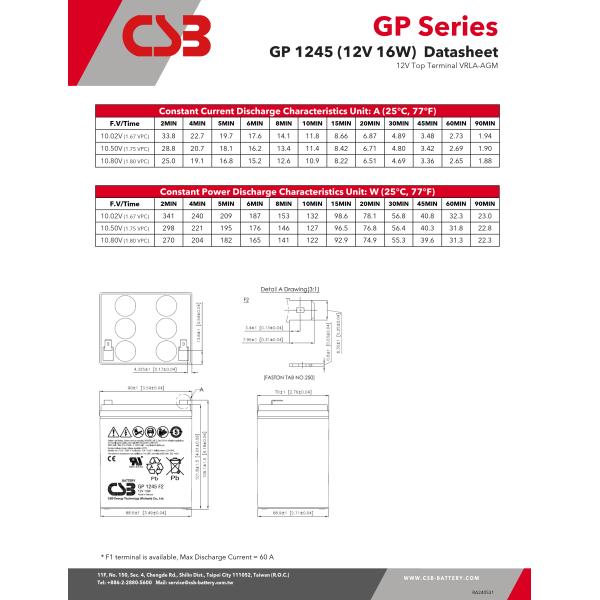 CSB Battery GP1245 12V 16W High Performance Rechargeable Maintenance-Free VRLA 16W Battery