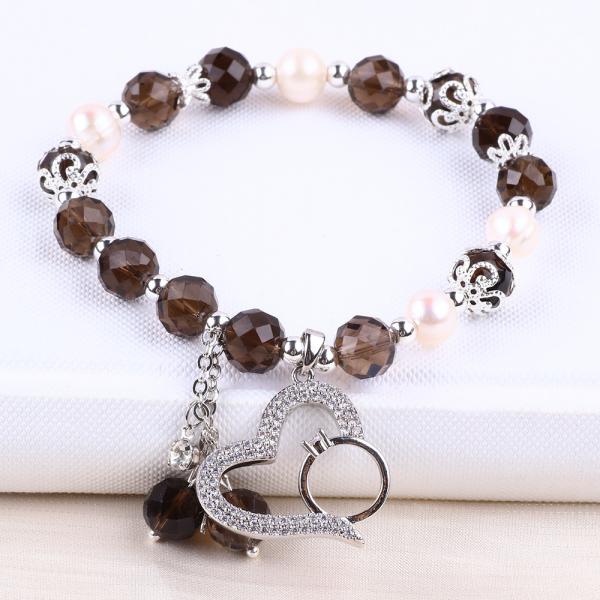 Natural Smoky Quartz And White Pearl Reiki Healing Elastic Heart Charm Stretch Bracelet