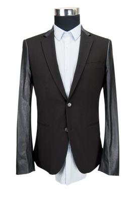 Leather Sleeves Mens Tailored Casual Blazer Jacket , Mens Black Blazer Jacket