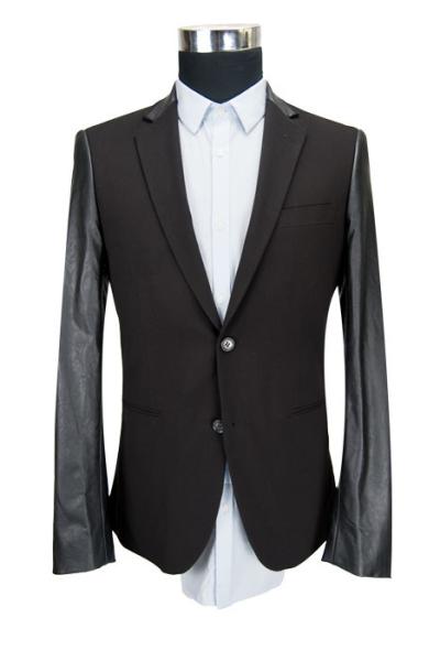 Leather Sleeves Mens Tailored Casual Blazer Jacket , Mens Black Blazer Jacket