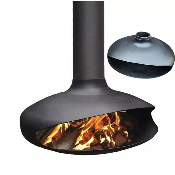 Une cheminée à bois suspendue noire moderne pour un chauffage confortable