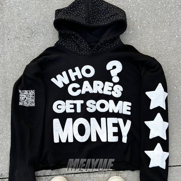Custom Pullover Rhinestone Hoodies Cropped Puff Printing No Strings Hoodie Heavyweight Drop Shoulder Streetwear Cut and Sew