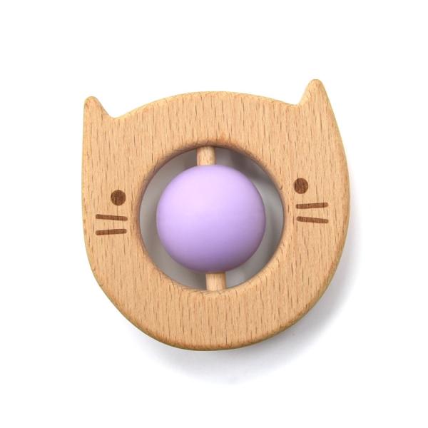 Portable 8cm Wooden Silicone Teether Rattle Rotation Ball Kitty Shape
