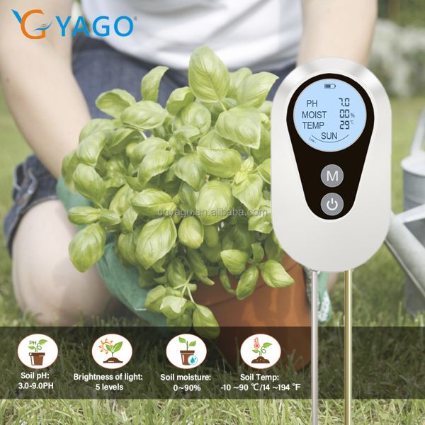 Digital 4-in-1 Soil PH Moisture Temperature Sunlight Tester With Backlit LCD For Garden Agriculture