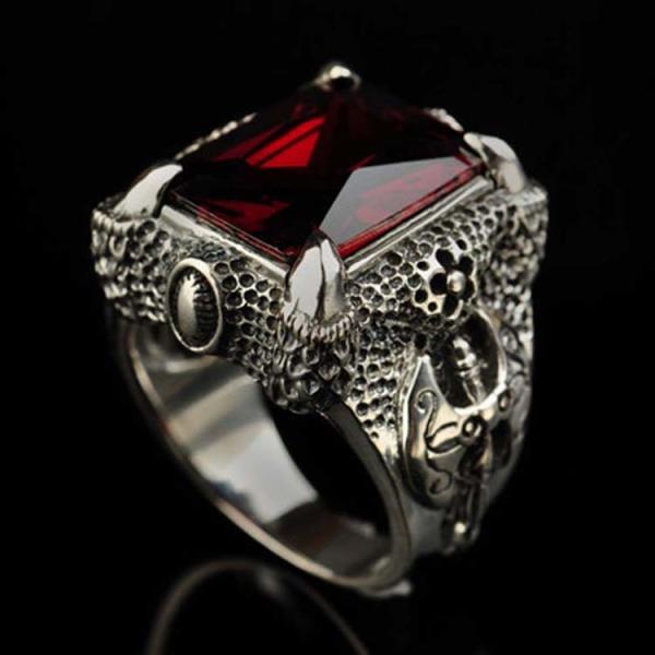 Mens Thailand Retro Dragon Sterling Silver Ring with Created Garnet(023605WRED)
