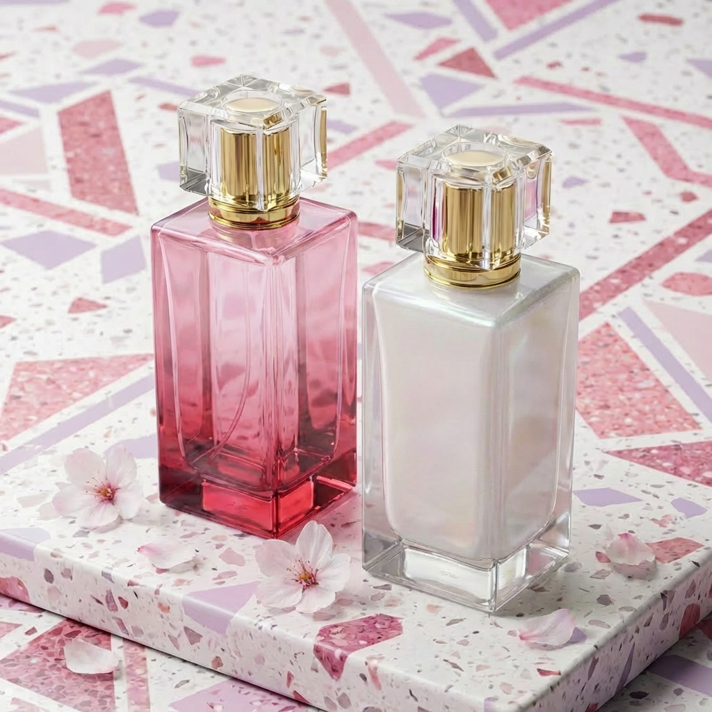 Empty Glass Perfume Bottles 100ml Spray Rectangle Acrylic Cap Crimp Neck