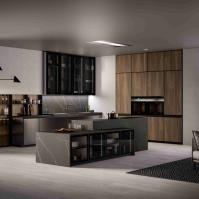 Meubles de maison de luxe Modulaire Faisceau de bois de noyer Matte Noir Couleur Verre Porte Armoires de cuisine Design moderne