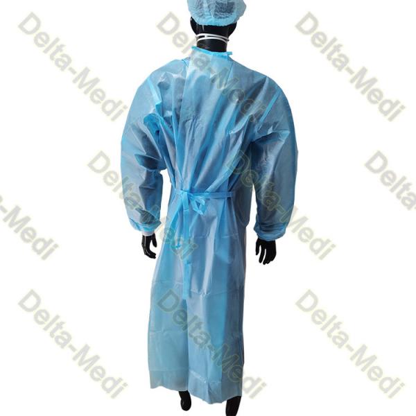 PP Coated PE Film Disposable Surgical Gown Velcro Collar Knitted Cuff 2 Belts