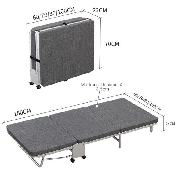 Rollaway Folding Bed with Mattress Portable Camping Cot Guest , Office Movable Nap Sleeper Wheels Sturdy Metal Frame
