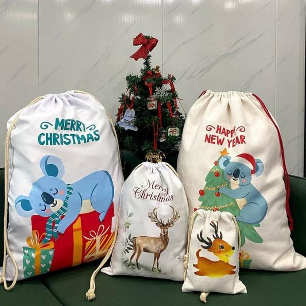 Sacs de Noël en sublimation Sacs blancs Logo imprimé sur mesure Sacs de rangement anti-poussière Sacs de linge à cordes sublimation Sac cadeau de Noël