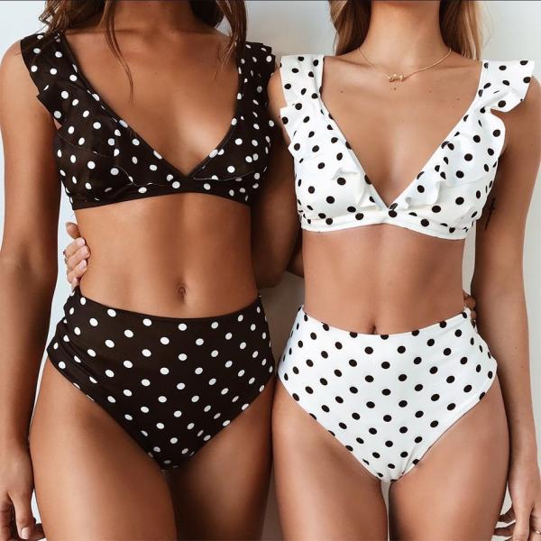 2018 Sexy High Waist Bikini Women Swimwear Push Up Swimsuit Ruffle with spot flounced on shoulder