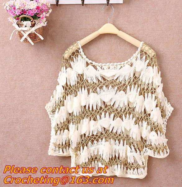 Women Hand Crocheted Batwing Sleeve Sweater, Cover up, pull over, Garment with hat, appare
