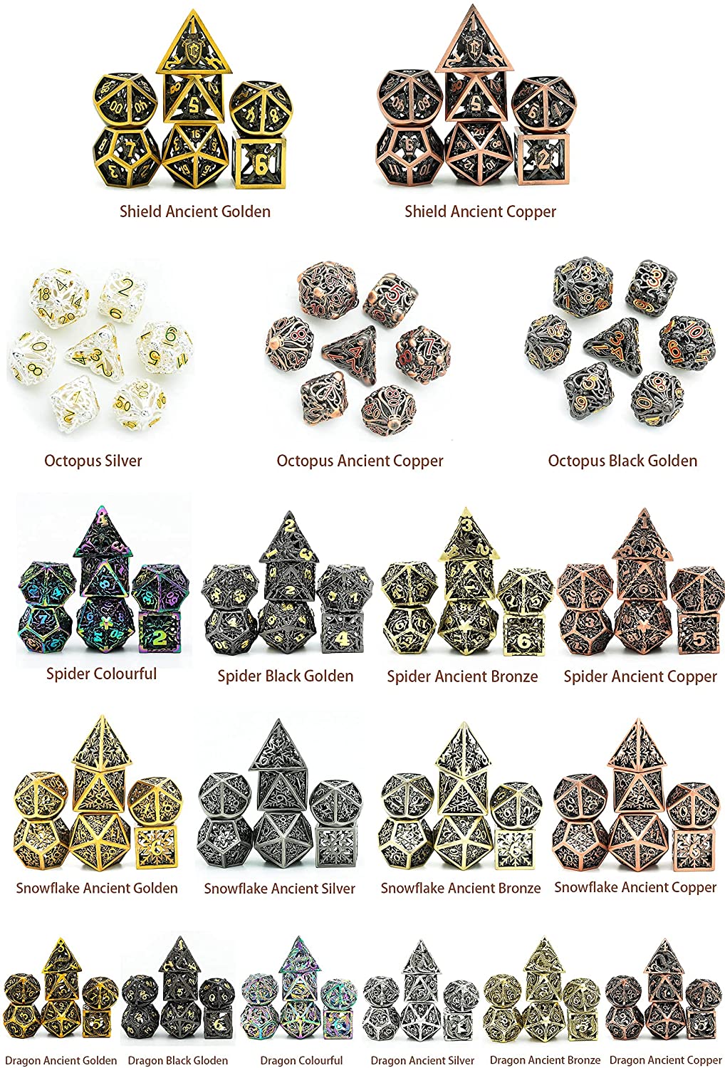 Pure Copper 7-dice Set Metal Hollow Dice with Customized Color for DND and Board Games