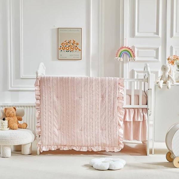 Pink Microfiber Crib Bedding Set - 3 Piece Shabby Chic Baby Set