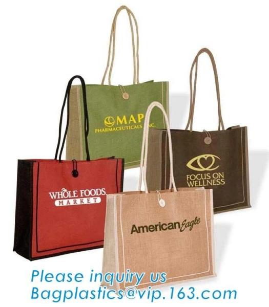 Wholesale jute tote bags with leather handles,Reusable natural color jute tote bag for shopping, Printed jute shopping b