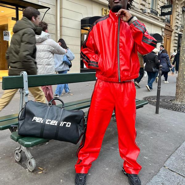 Clothing Manufacturers Custom Leather Tracksuit Zip up Cropped Waistband Streetwear Jacket and Baggy Stacked Sweatpants Set