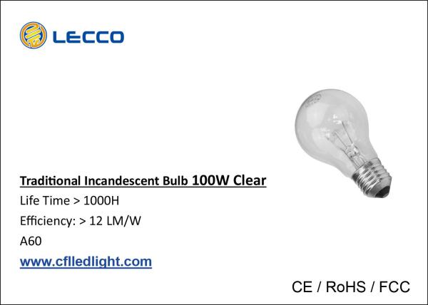 100 Watt Traditional Incandescent Light Bulbs E27 A60 Nickelplated Aluminum