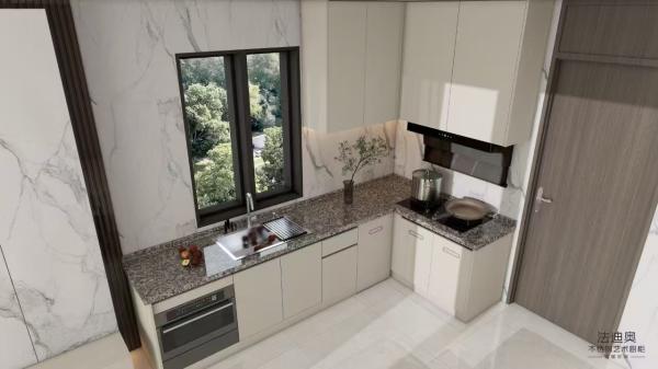 Fadior Modern Beige Stainless Steel L Shaped Kitchen Cabinet With Integrated Appliances