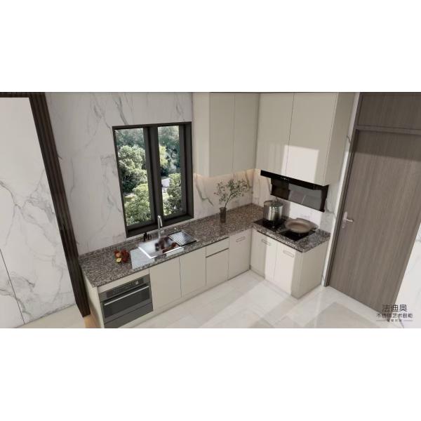 Fadior Modern Beige Stainless Steel L Shaped Kitchen Cabinet With Integrated Appliances