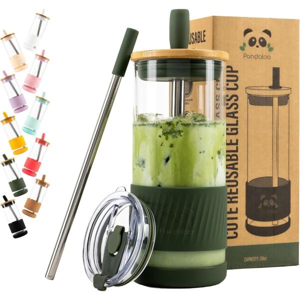 Glass Cups With Lids and Straws -20 Fl Oz- Perfect Size Iced Coffee Cup - Smoothie Cup With Bamboo