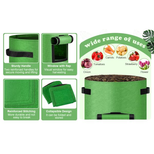 Potato Grow Bags, 4 Pack 10 Gallon With Flap And Handles Planter Pots For Onion, Fruits, Tomato, Carrot - Green