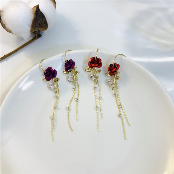 2025 New Arrival Fashion Fancy Pretty Purple Rose Zircon Long Tassel Earrings for Women