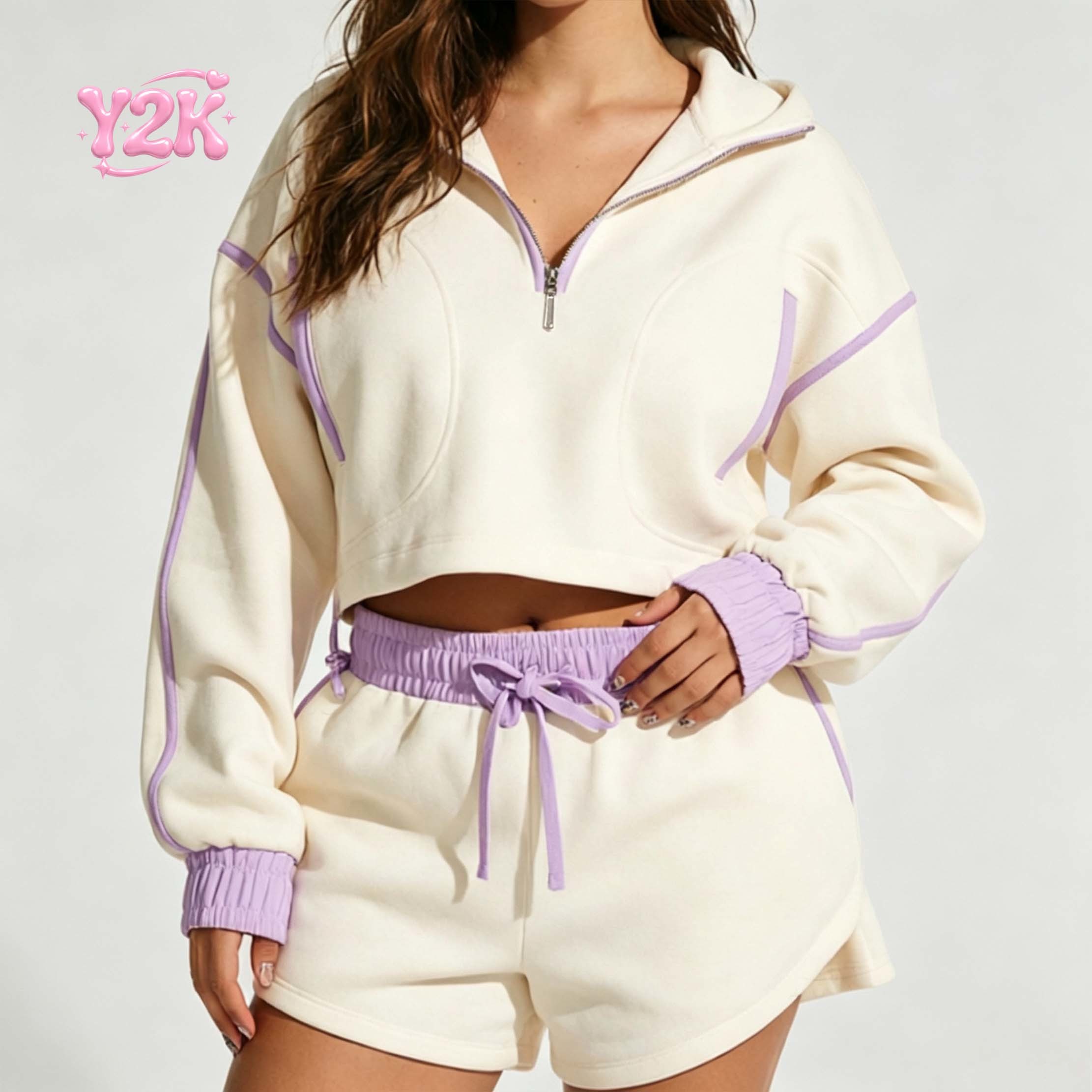 Custom Women's Quarter Zip Cropped Hoodie & Shorts 2pc Set