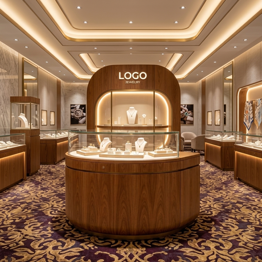 Curved Wooden Jewelry Island Counter with Glass Display Cabinets and LED Lighting