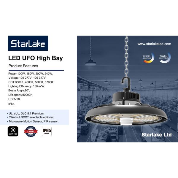 5000K Алюминиевый сплав LED UFO Highbay Light 22500lm-36000lm Снижаемый 100W-240W 120° луч