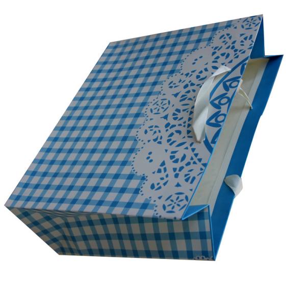 Square Customized Paper Promotional Carrier Bag 230gsm  matte coated ribbon Handle