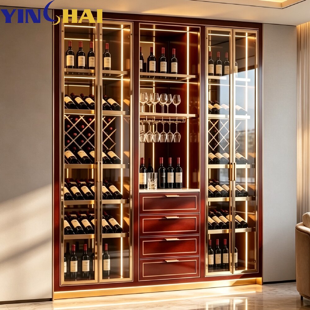 Custom Stainless Steel Normal Temperature Glass Wine Cabinet With LED Lighting
