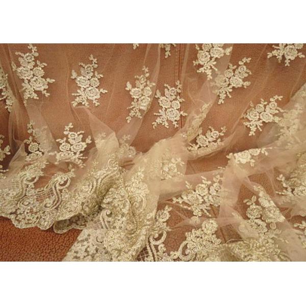 Vintage Corded Floral Gold Bridal Lace Fabric , Embroidered Net Lace Fabric For Gown