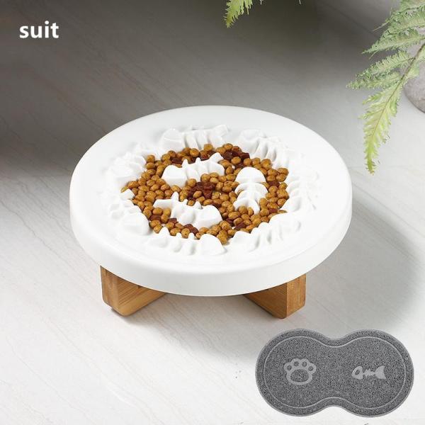 Solid Wood Heighten Pet Slow Food Bowl Cat Dog Ceramic Anti Choking