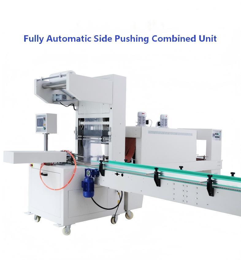 Fully-automatic side pushing sleeve film shrink packaging machine for mineral water bottles beverage beer cans PE film shrink wrapping