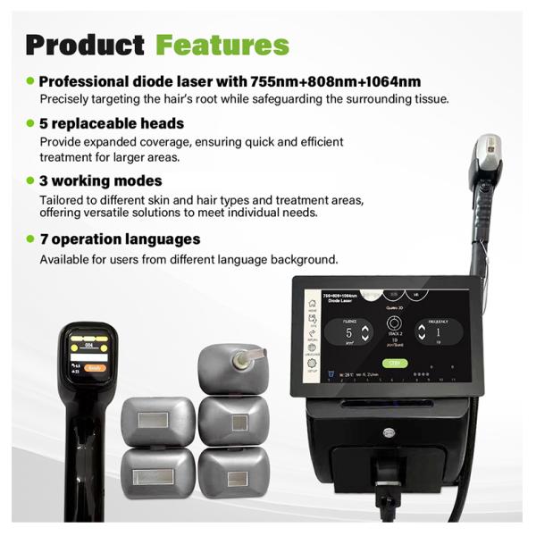 High Quality 7 Languages 5 Heads Diode-Lasersings Hair Removal Machine with Nose Hair Head