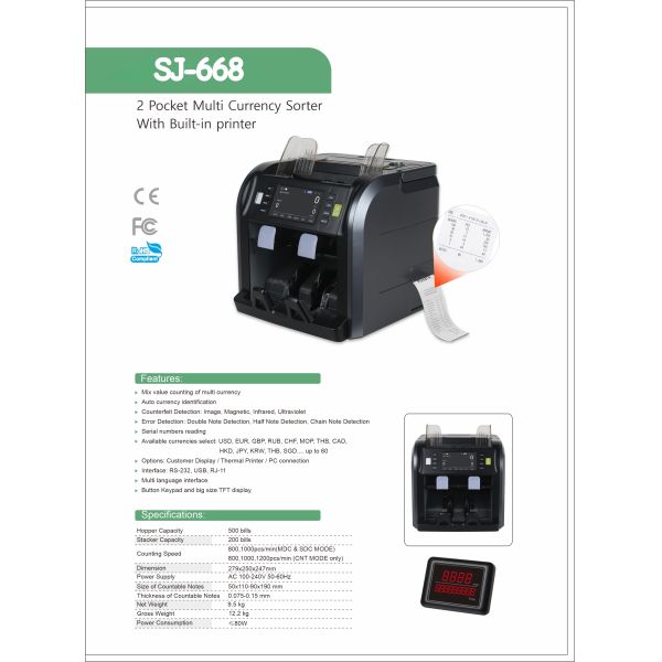 Free Spare Parts Smart 2CIS Handle Rechargeable Banknote Sorter Machine SJ-668 Double Pocket