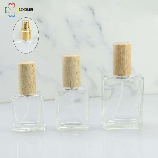 Wholesale Flat Square Glass Perfume Atomizer Bottles | 10ml, 15ml, 30ml Empty Refillable Spray Bottles with Metallic Aluminum& Wooden Caps