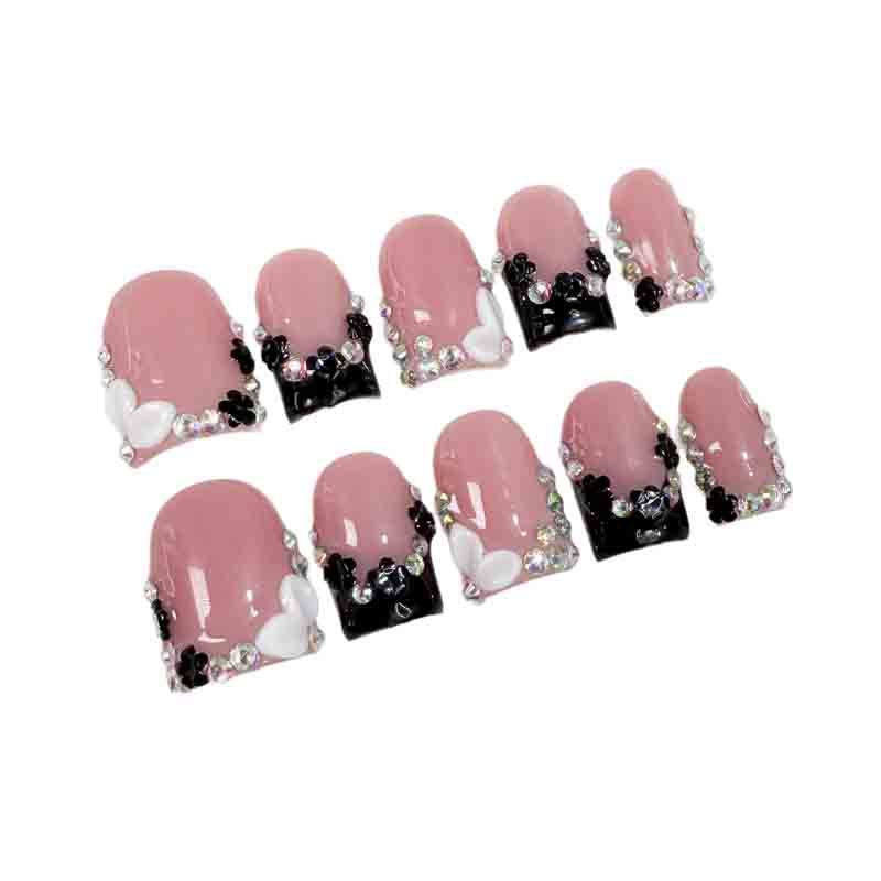 Reusable French Nail Art Handmade Fake Nails Pink & Black Rhinestone Design