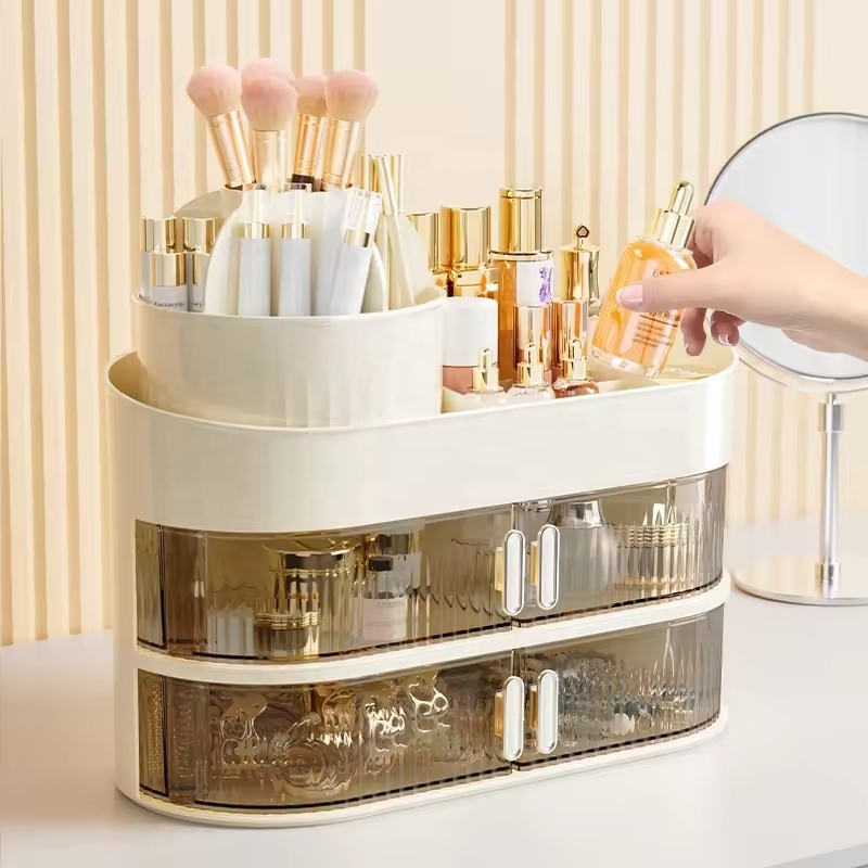 New Design 360 Degree Rotating Dustproof Acrylic Makeup Storage Boxes with Makeup Brush Holder