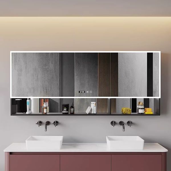 Modern Luxurious Anti-Fog Aluminum LED Bathroom Vanity Mirror Cabinet Time Display Water Resistant for Hotel Apartment Use