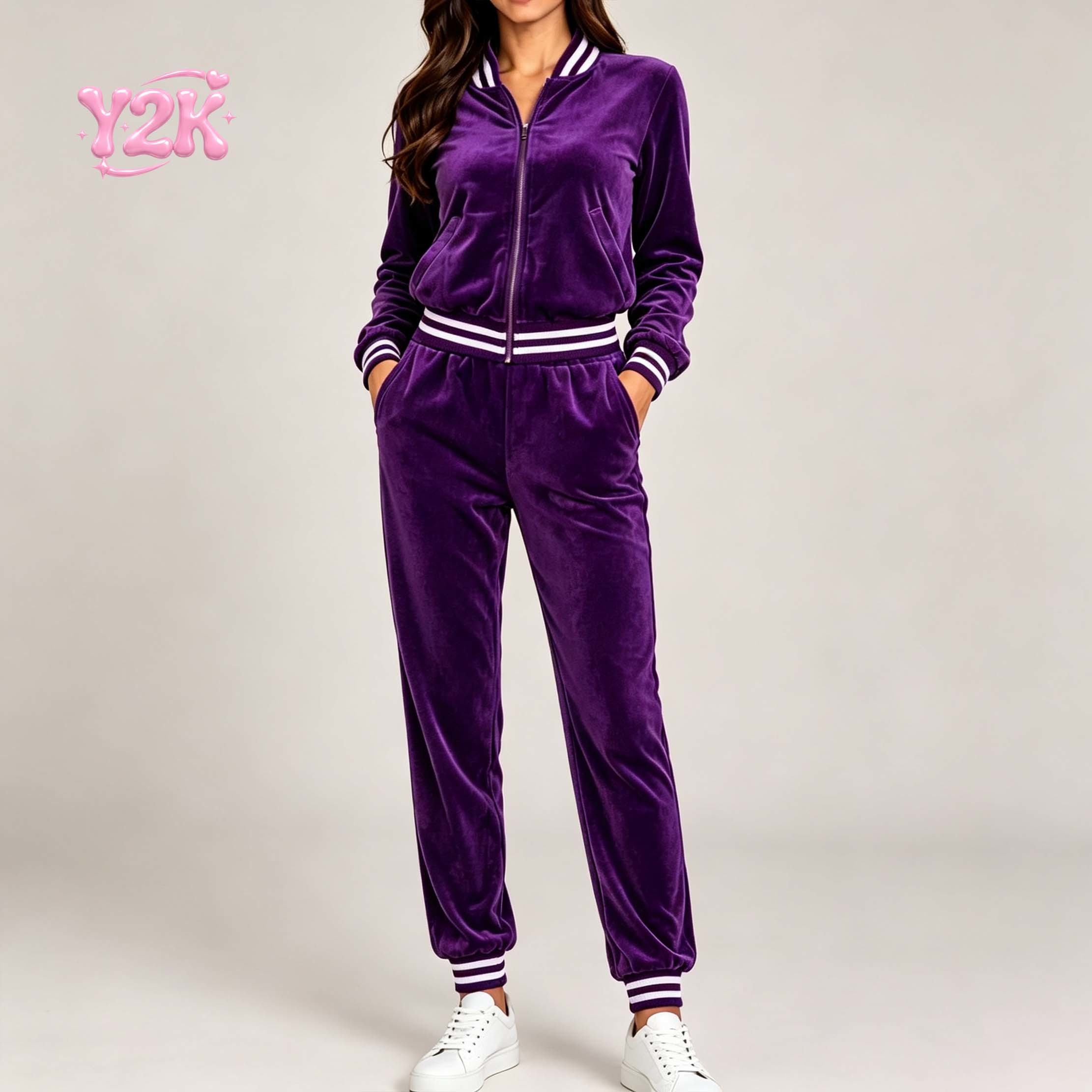 Custom Women's Striped Trim Velour Jacket Jogger Tracksuit Set