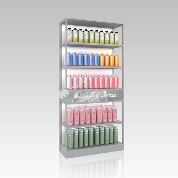 Rayonnage de magasin de soins de la peau en fer gris et bois, armoire de produits de nettoyage avec bandes lumineuses pour la conception de magasins de détail et l'affichage de magasins de cosmétiques